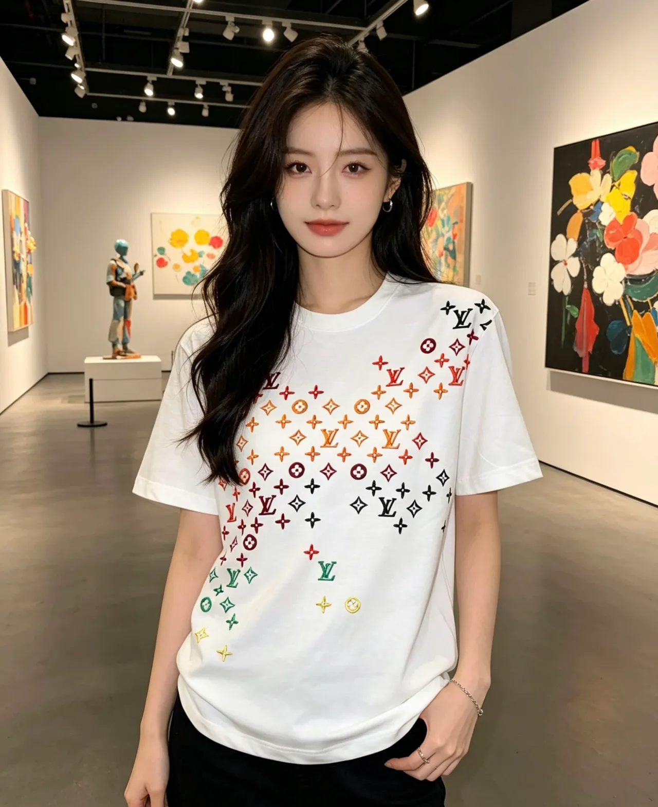 Louis Vuitton/Louis Vuitton full-width three-flower printed embroidered short sleeves